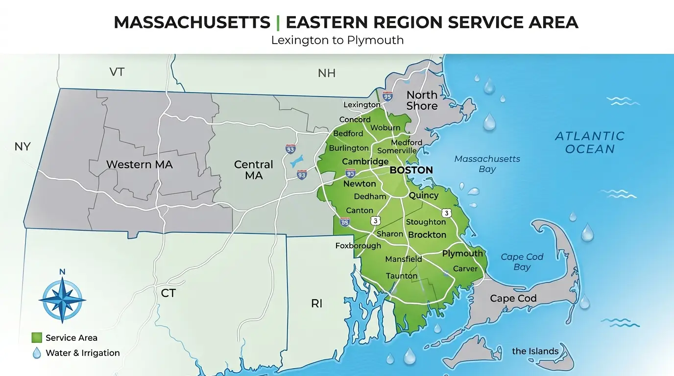 Service area map titled 'Massachusetts | Eastern Region Service Area: Lexington to Plymouth'. The active service zone is highlighted in green, covering Eastern MA communities including Lexington, Concord, Cambridge, Boston, Newton, Quincy, Stoughton, Brockton, Foxborough, Taunton, and Plymouth. Outer regions such as Western MA, Central MA, North Shore, and Cape Cod are shaded in gray outside the service zone.